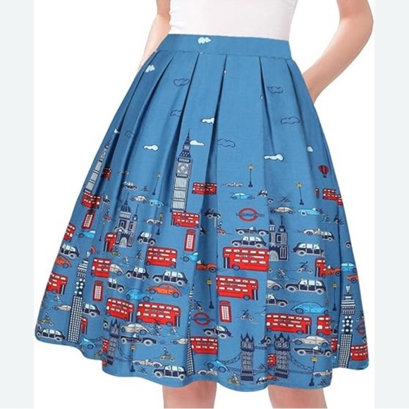 Blue transportation Pleated A-Line Midi Skirt XXL/12 - Picture 1 of 7